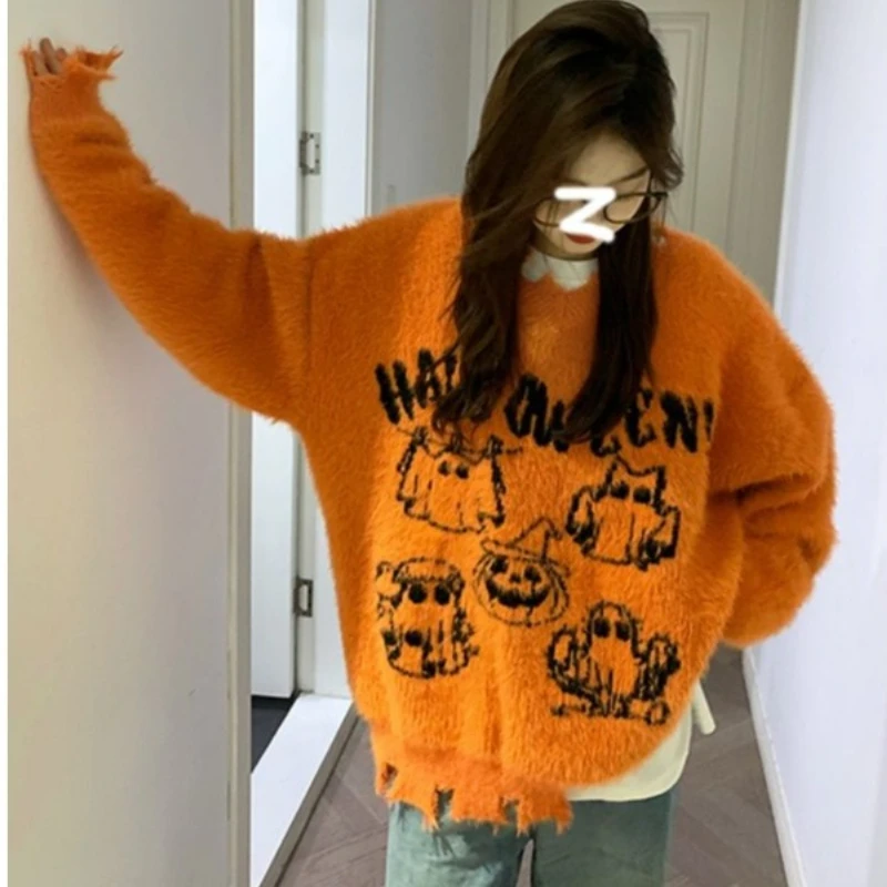 

DAYIFUN-Women's Pumpkin Orange Sweater,Round Neck,Loose Casual Long Sleeved Knitted Sweaters,Autumn Woman's Pullover Outerwear