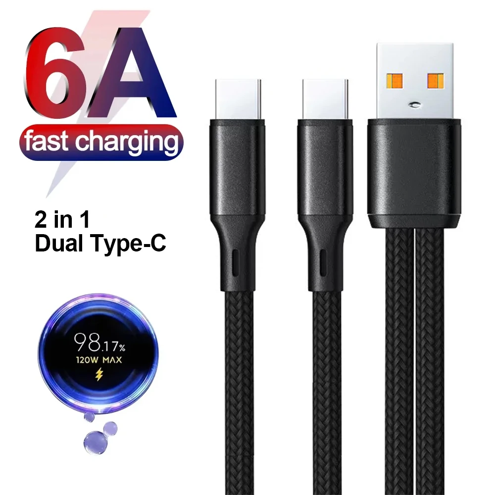 

2 in 1 Dual Type-C Splitter Cable 6A USB A To Type C Fast Charging Data Nylon Cord for iphone 17 16 15 Pro Max Xiaomi Samsung