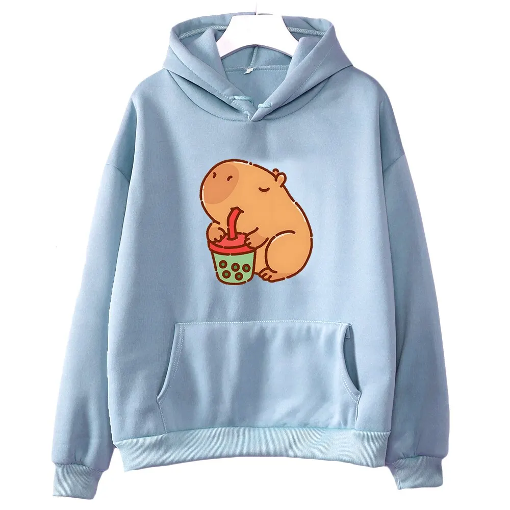 Capybara Drink Bubble Tea Hoodie Kawaii Animal Cartoon Graphic Sweatshirt Kids Clothes Girl Long Sleeve Hooded Boys Top Harajuku