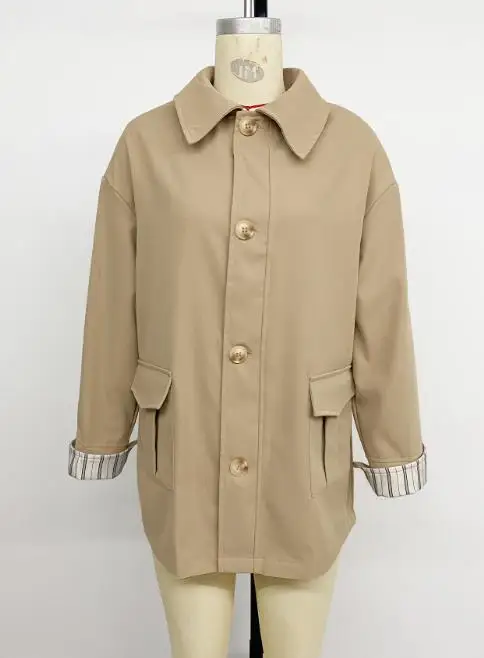 

Women's Fashion Trench Coat Commuting Autumn New Casual Versatile Solid Color Shirt Jacket with Stripe Patchwork Cuffs for Women