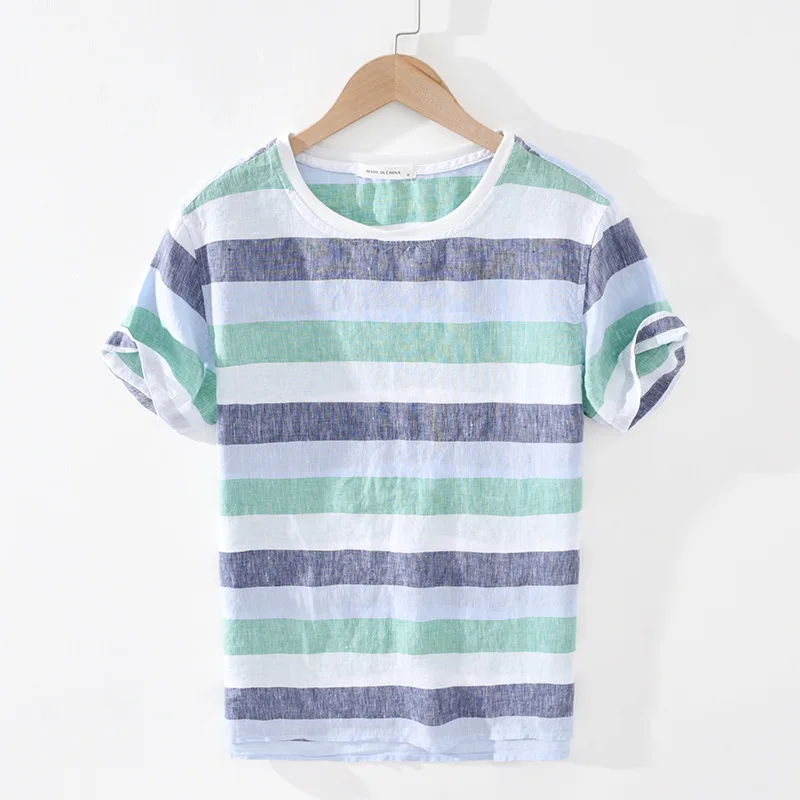 Pure Linen Striped T Shirt Men Summer New Short Sleeve Casual T-Shirts Man Fashion Tops Asian Size