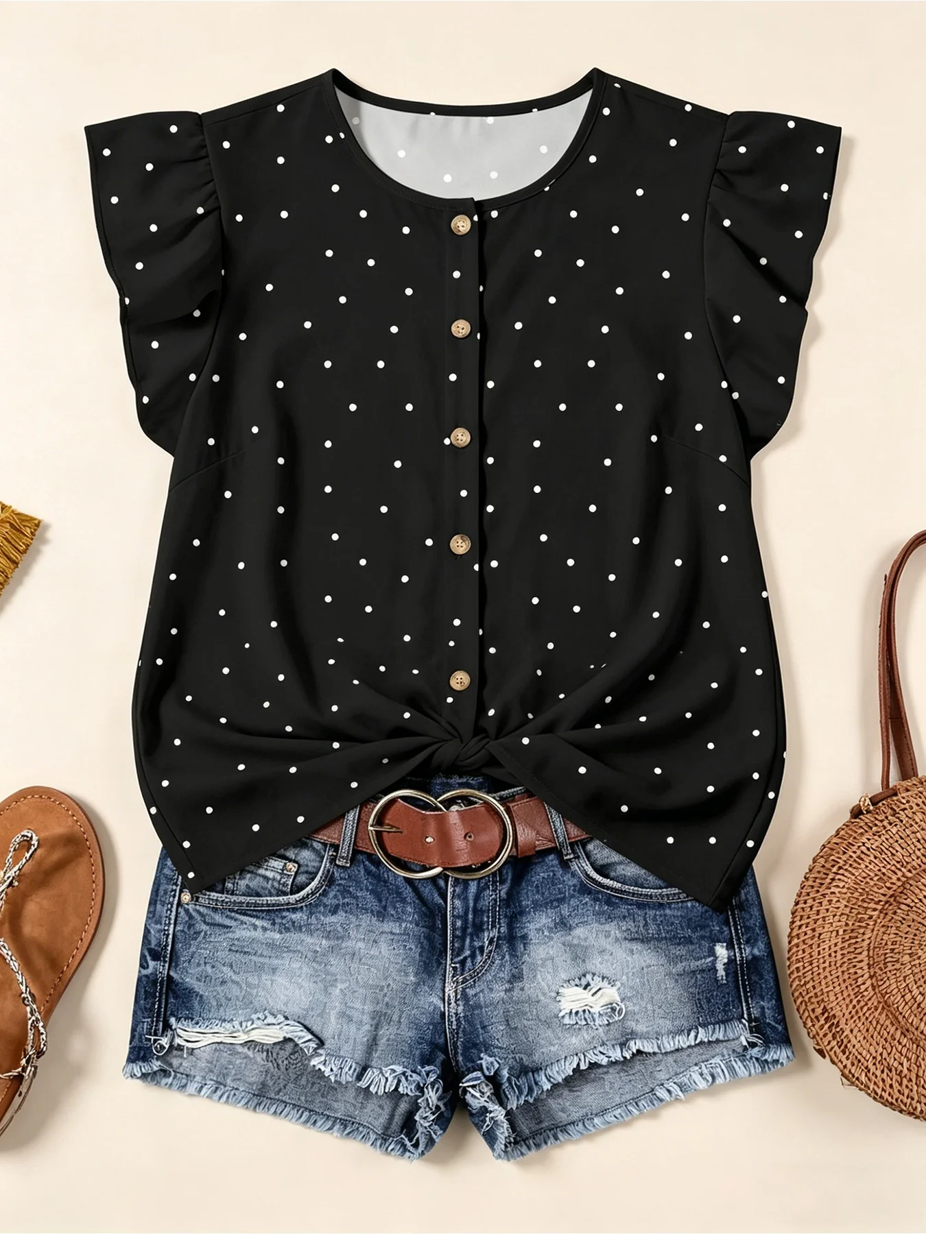 Europäisches und amerikanisches Sommer-Top mit Rundhalsausschnitt, Rüschenärmeln, schmal geschnitten, schwarzem Grund und weißen Polka Dots, kurzärmelig – Detail 2
