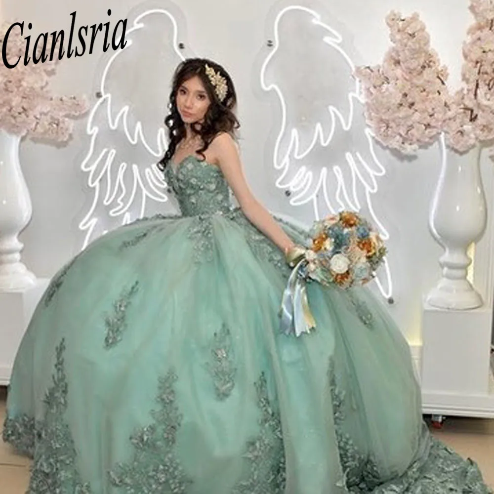 Luxury Green Lace Princess Quinceanera Dress Ball Gown 2023 Beaded Party Gown 3D Flower Sweet 16 Dress Vestido De Noiva