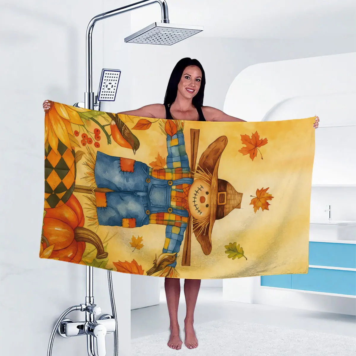 1PC Autumn Scarecrow Pumpkin Maple Leaf Printed Bath Towel Sports Lightweight Fitness Swimming Yoga Towel Machine Washable