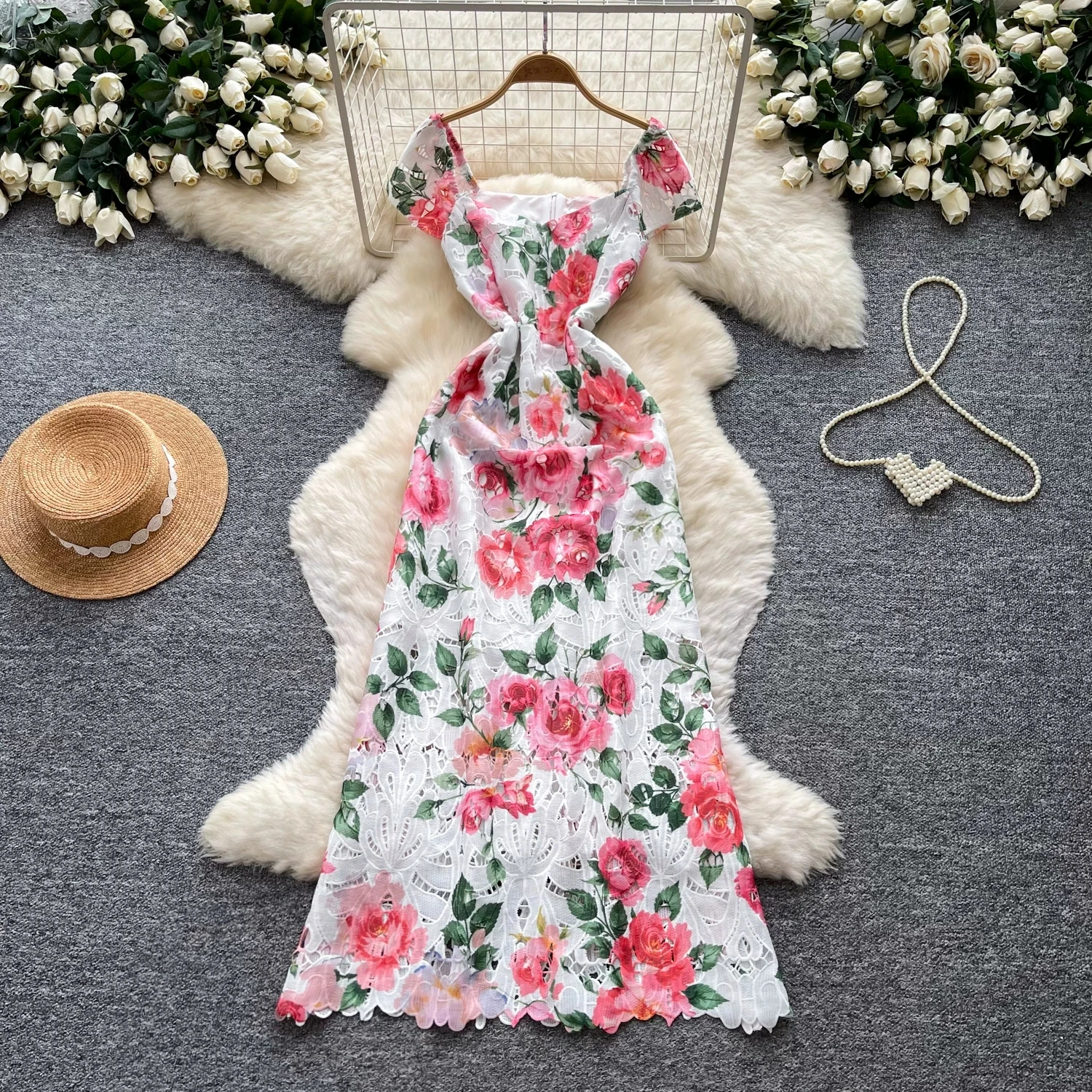 

Hollow Crochet Lace Embroidery Prom Dress Women's Square Collar Vintage Rose Floral Print High Waist Slim Long Dress Summer