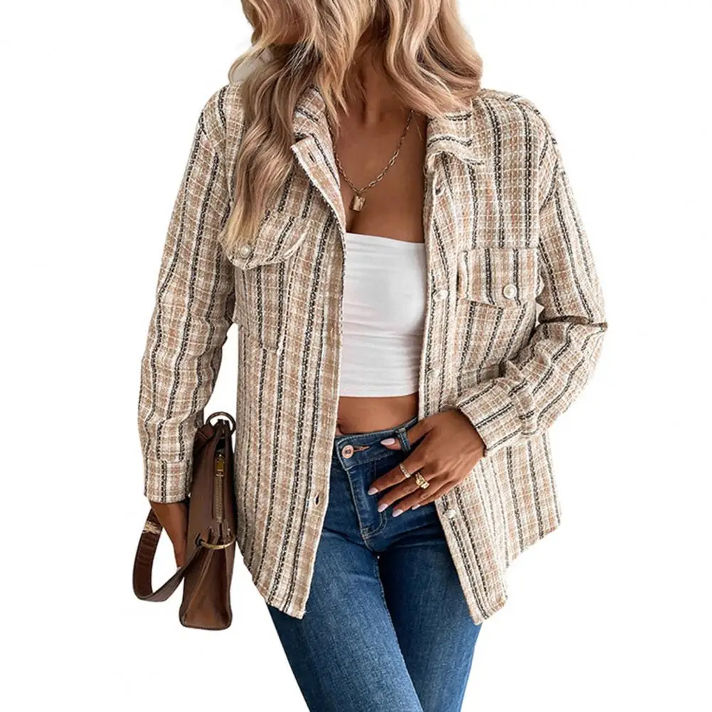 Autumn Jacket Stylish Retro Plaid Print Women's Jacket with Turn-down Collar Chest Pockets for Fall Spring Commuting Dating