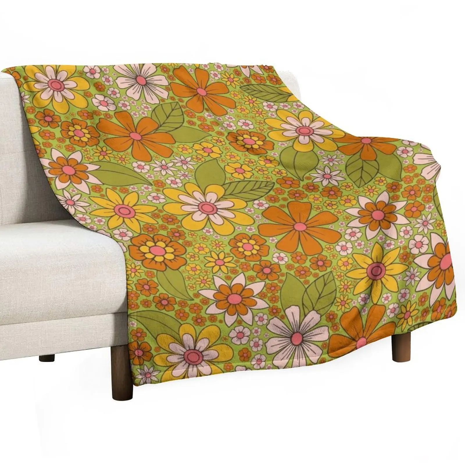 

1960s, 1970s Retro Floral in Green, Pink & Orange - Flower Power Throw Blanket Fashion Sofas Summer Winter beds Blankets