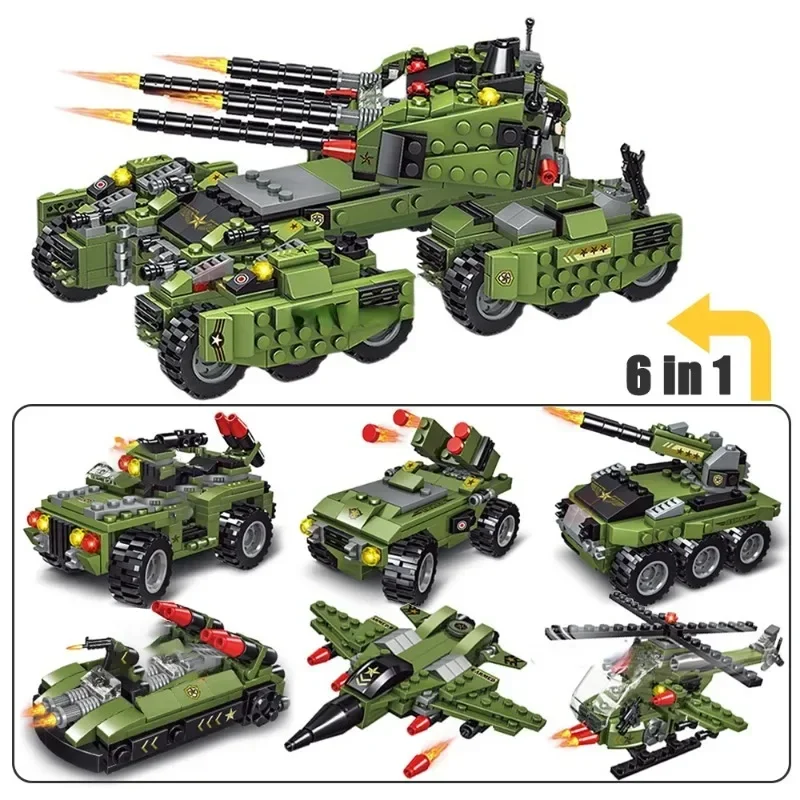 6 IN 1 Military Truck Panzer Tank Ww2 Germany Soldier Figures Building Blocks World War II DIY Brick Kids  Model Toys