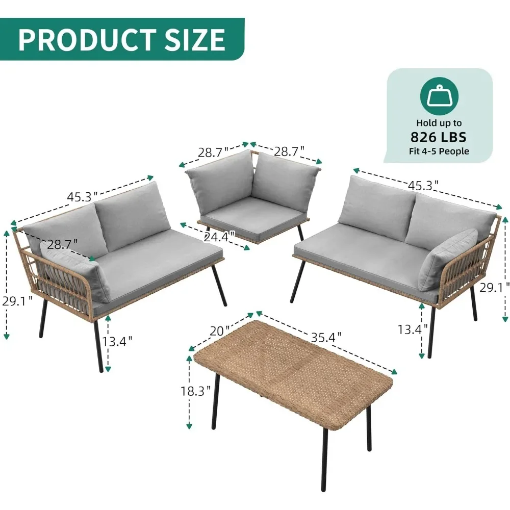 Zewnętrzny zestaw z sofą 4 z grubością poduszek i stolik, Rattan 4 szt. Zestaw mebli tarasowych, Sofa z wikliny na zewnątrz w kształcie litery L