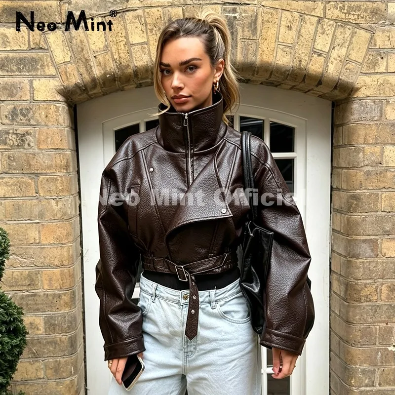 Neo Mint Chic Street Fashion Girls Brown Cropped Faux Leather Jacket Women Funnel Neck Loose Motorcycle Short PU Leather Coat