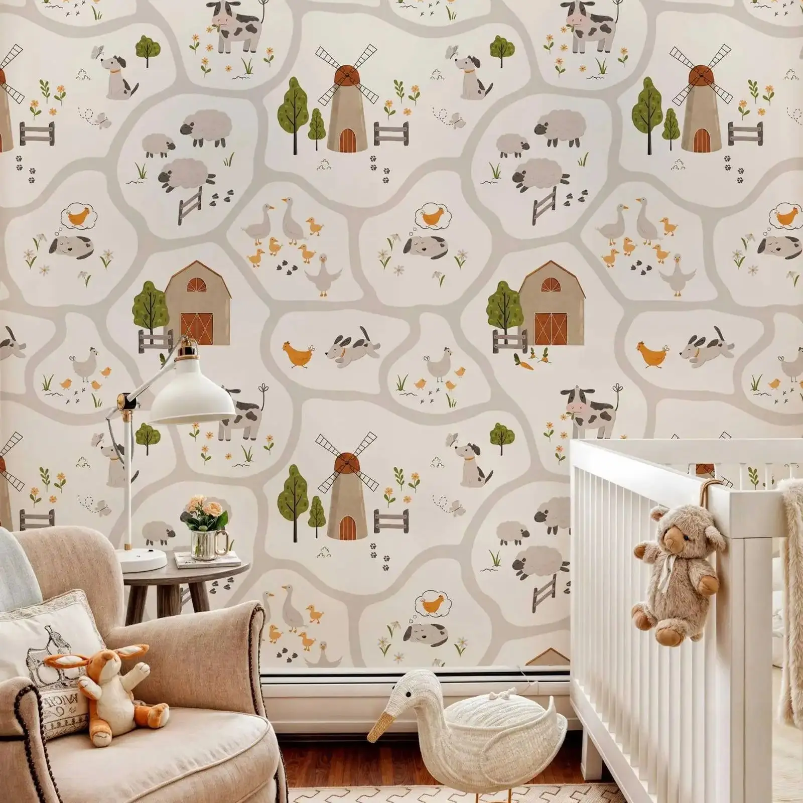 Cute Farm Animals Kids Wallpaper Peel and Stick, Nursery Wall Decor,Farmhouse Baby Kids Wall Paper,Self-adhesive Or Traditional