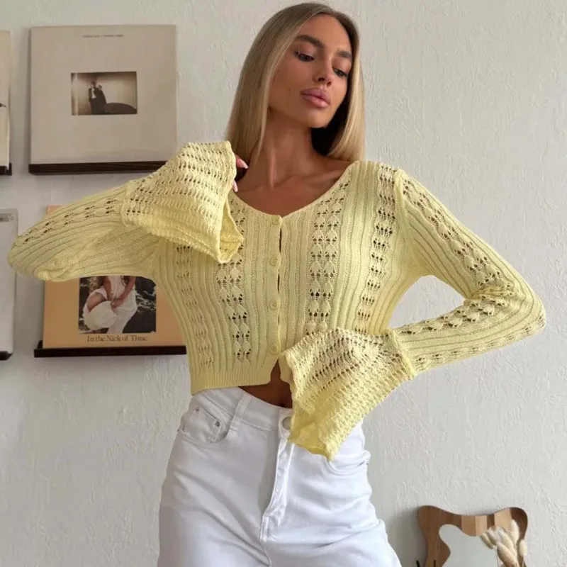 

Summer Knit Long Sleeve Cardigan For Women V Neck Solid Bodycon Hollow Out Short Tops Party Club Slim Vacation Top Femme