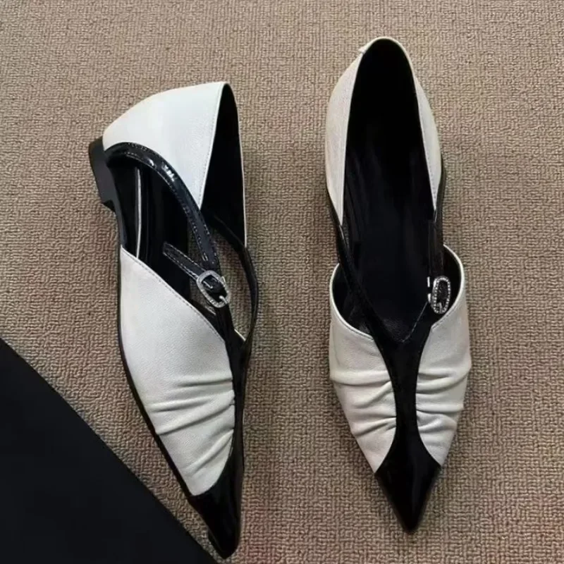 

Sheepskin Pointed Hollow Sandals for Women, Fashionable Retro Pleated Color Blocked Height Increasing Shoes, Baotou Casual Shoes