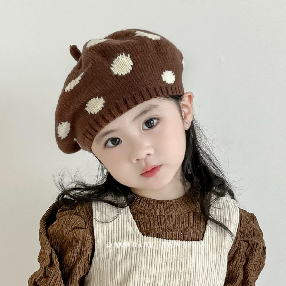 Colorful Polka Dot Beret Round Shape Stretchy Fabric Knitted Beret Casual Warm Wind Resistant Knit Children Cap Photo Prop