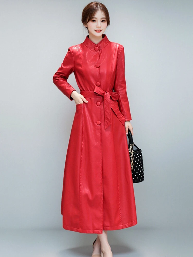 سترة نسائية طويلة من جلد الغنم من TING معطف متوسط ​​الطول بخصر ضيق وحزام للتخسيس فوق الركبة على الطراز الكوري
