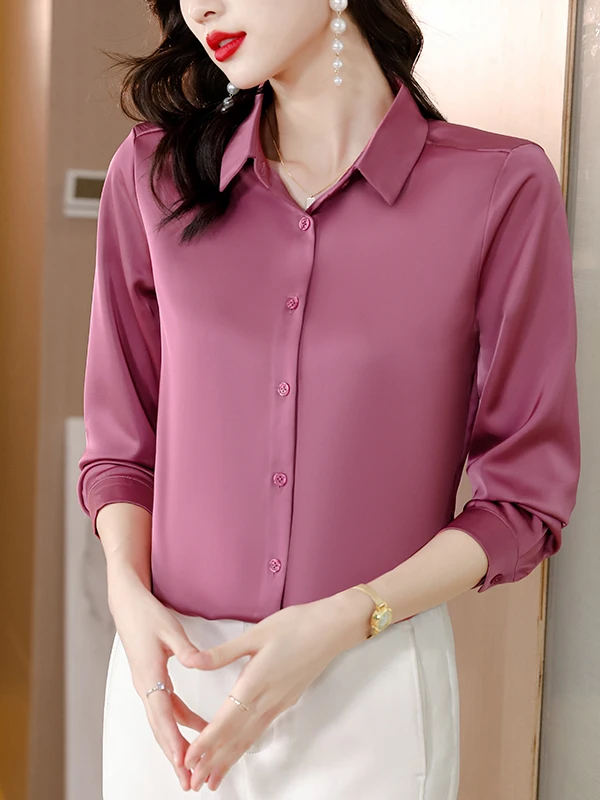 ร้านเสื้อผ้าผู้หญิง Ele Silk รุ่นพิเศษ S สำหรับฤดูใบไม้ผลิและฤดูใบไม้ร่วง แบรนด์ Bule แฟชั่นลำลอง สีพื้น ปกเสื้อ