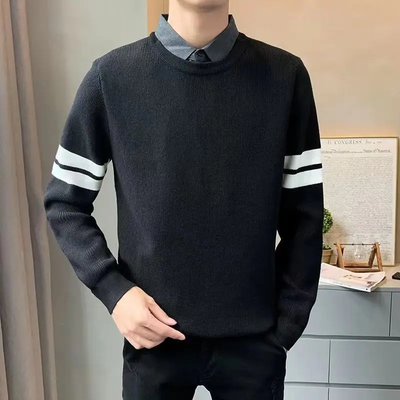 Men's Clothing Striped Pullovers Knitted Spliced Autumn Winter Chic Turn-down Collar Fake Two Pieces Casual Long Sleeve Sweaters