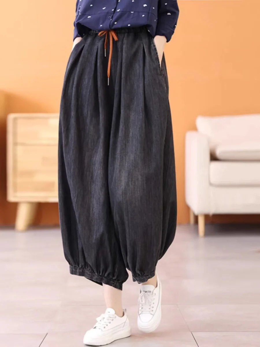 

Women's Elastic Waist Jeans Loose Fit Thin Sle Seven-Foot Lantern Pants High Waist Wide Leg Summer Faion Slimming Effect