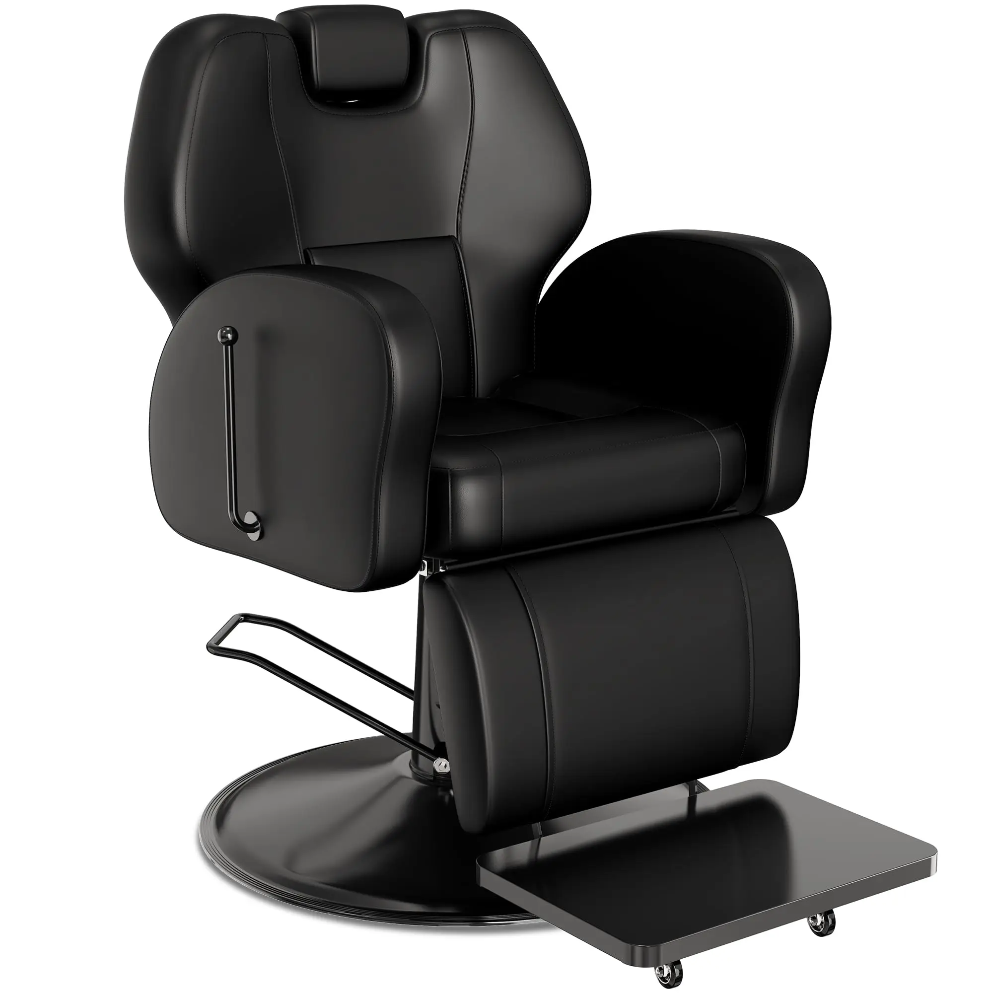 All-Black Reclining Salon Chair, Modern Hydraulic Barber Seat with Thick Cushion, Smooth Swivel, Perfect for Braiding