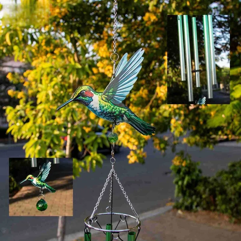 Dark Green 3D Kinetic Wind Spinner Hummingbird Wind Chime Metal Rotating Pendant Garden Patio Hanging Ornament
