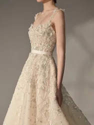 Luxury A-Line Spaghetti Strap Haute Couture Evening Dress Elegant Sweep Crystal Train Beading Formal Prom Dress Customized