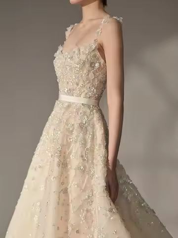 Luxury A-Line Spaghetti Strap Haute Couture Evening Dress Elegant Sweep Crystal Train Beading Formal Prom Dress Customized