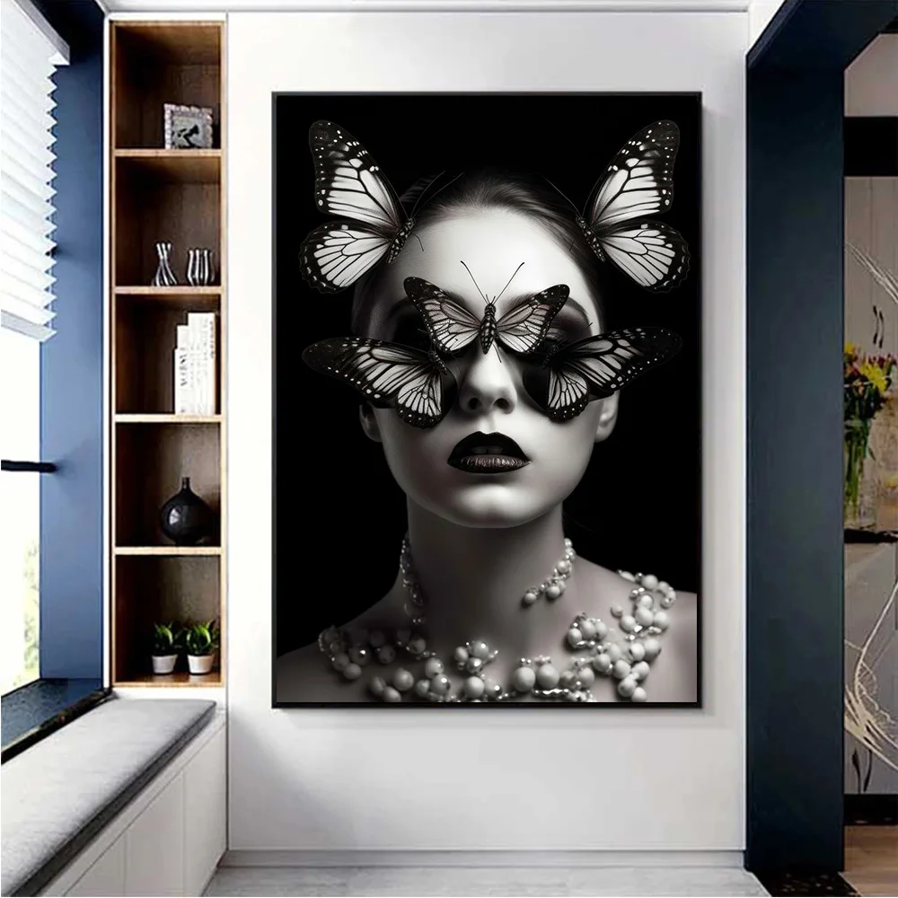 

Beautiful Butterfly on Face of Young Woman in Night Black and White Photos Canvas Painting Wall Art for Room Portrait Home Decor