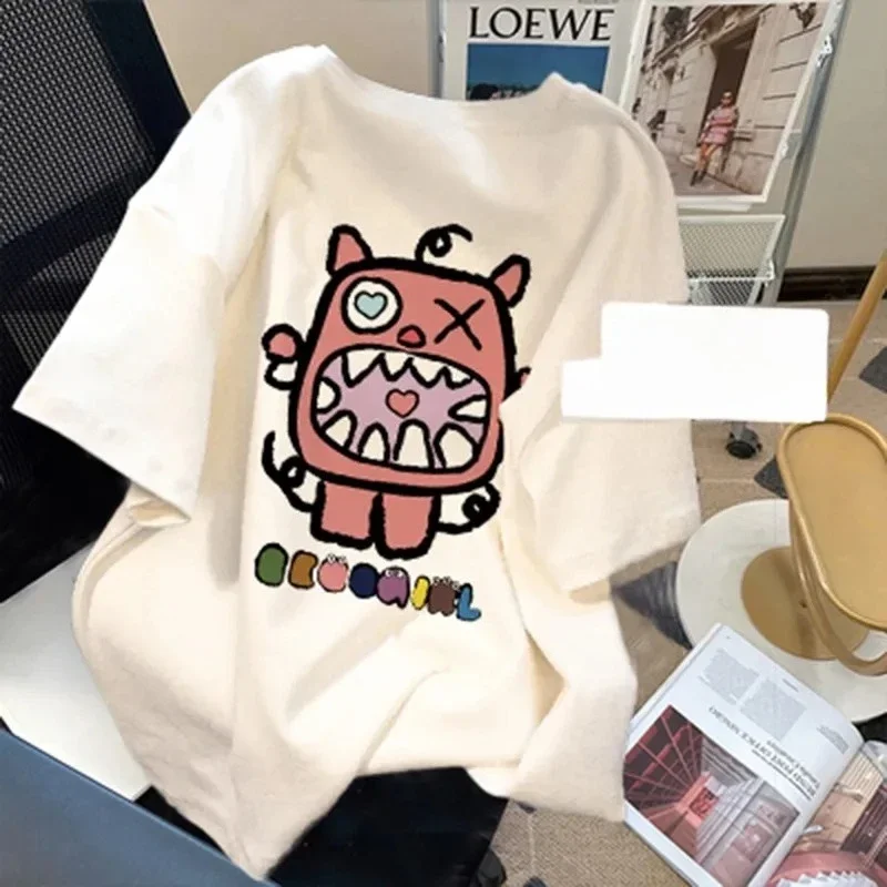 T-shirt da donna estive vestibilità ampia Camicie grafiche casual T-shirt casual a maniche corte nere da donna T-shirt Harajuku con o-collo