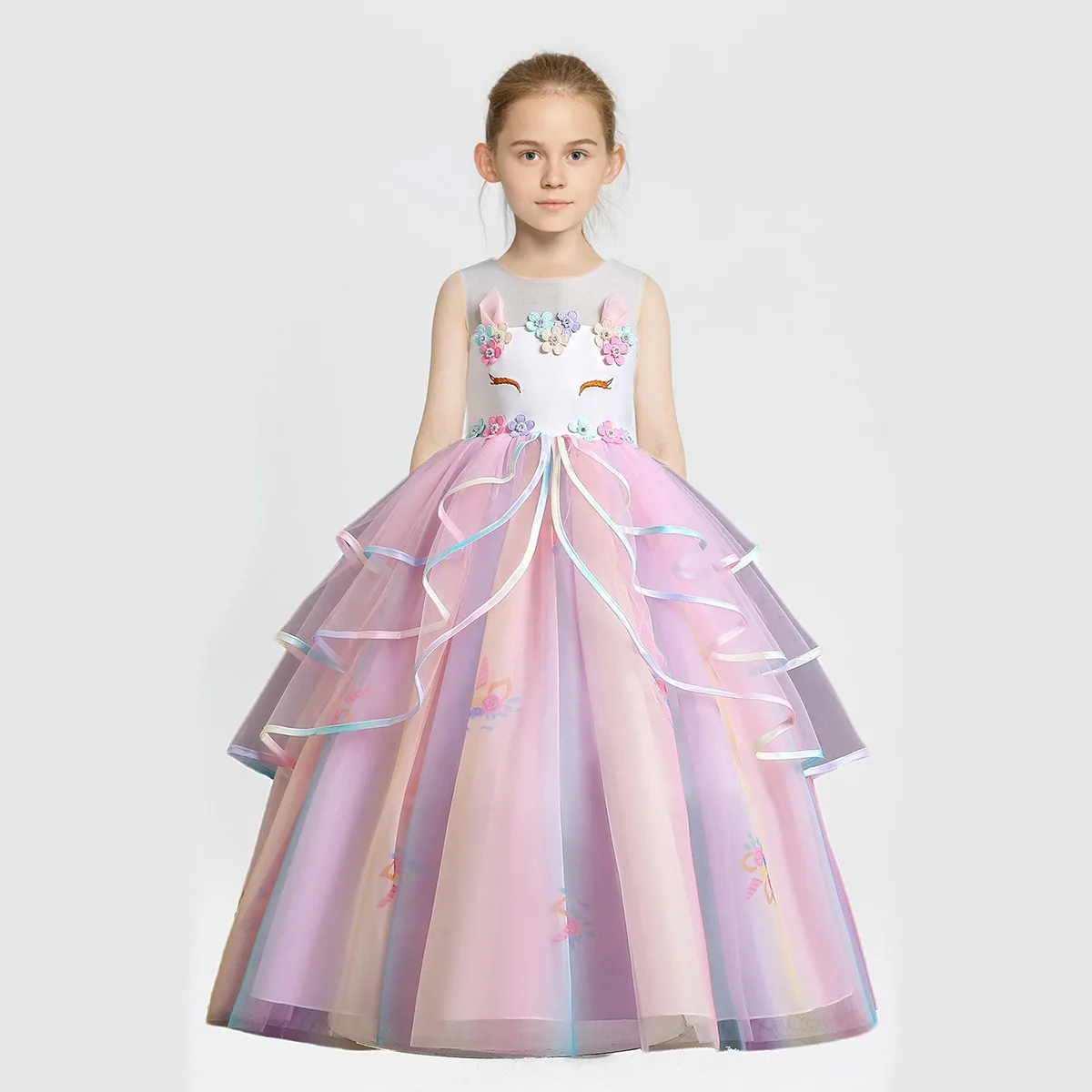 여아 공주 정장 드레스 세트 롱 퍼포먼스 드레스 어린 소녀의 우아한 의상과 어울리는 액세서리 포함