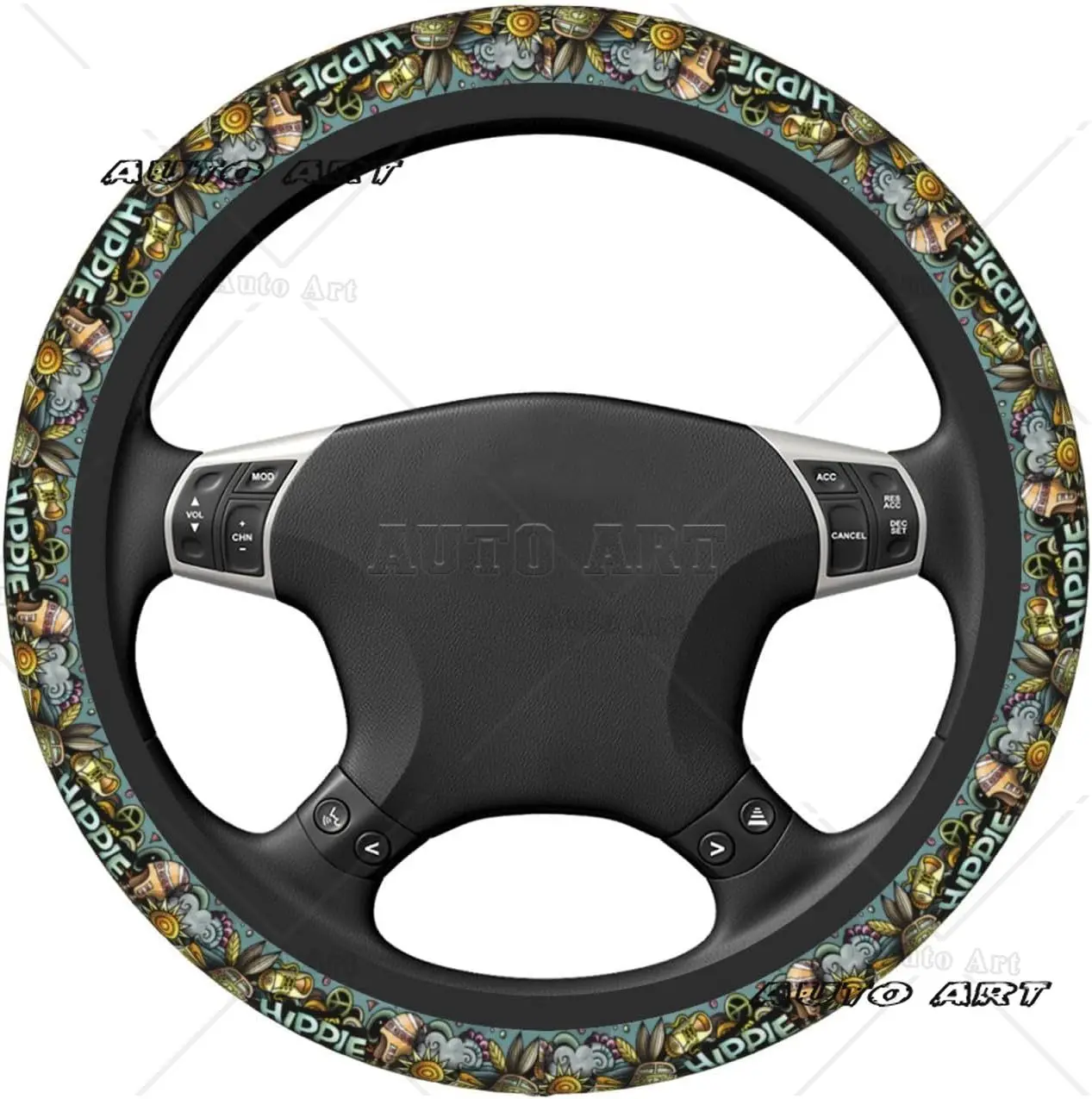 Car Steering Wheel Cover Protector Funny Hippie Doodles Comfortable Soft Universal 15 Inch Car Accessories for Men Women