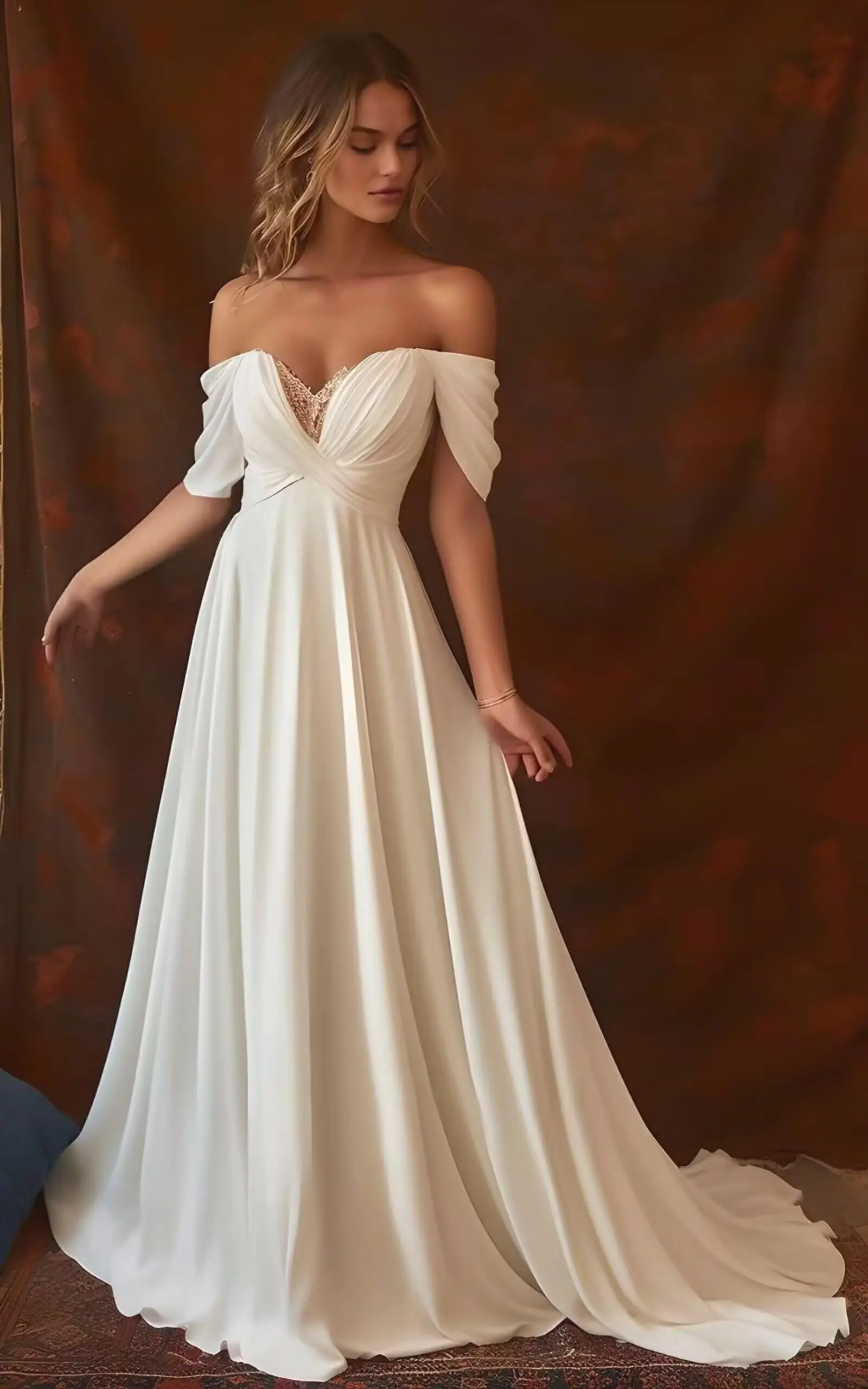 

Off Shoulder Beach Wedding Dresses for Bride Satin Bridal Gowns Boho Beach Wedding Gowns with Train