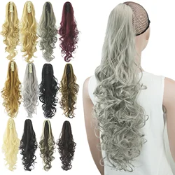 Soowee 24inch Long Gray Wavy Clip on Hairpiece Extensions Pony Tail High Temperature Fiber Synthetic Hair Claw Ponytails