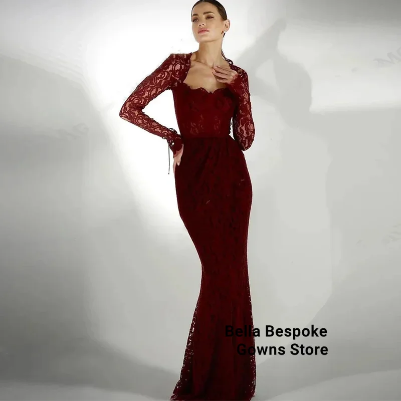 

Customized Burgundy Lace Sexy Prom Dresses Embroidery Sweetheart Long Sleeves Mermaid Party Gown Formal Evening Dress