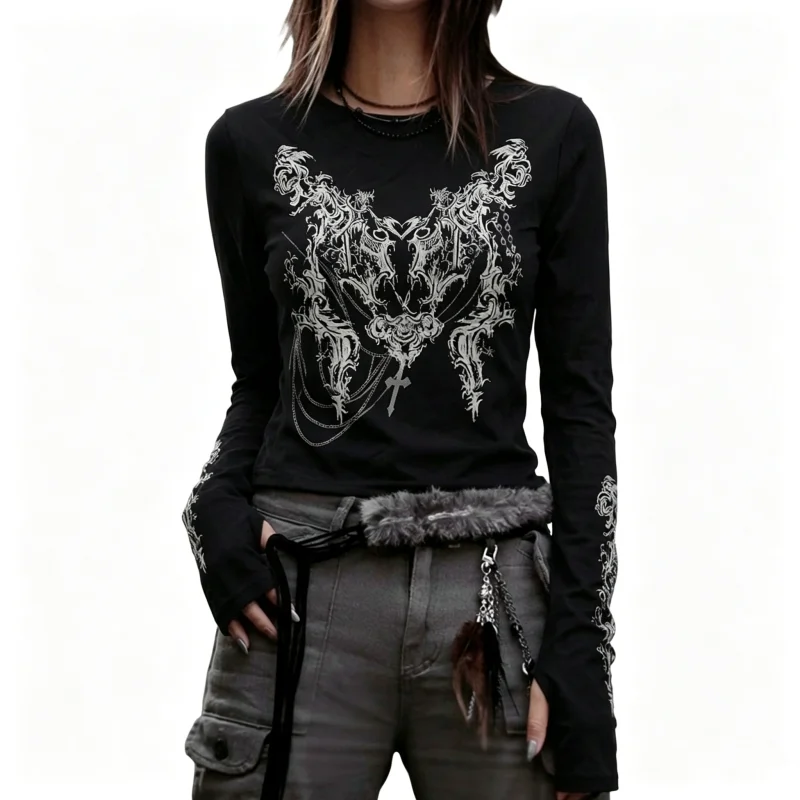 European and American women's 2026 autumn new abstract hand-painted pattern printed slimming round neck long sleeved top T-shirt