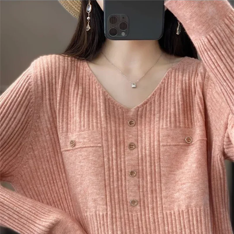 Autumn Women Sweater Pullover V-neck Casual Long Sleeve Slim Korean Simple Basic Cheap Jumper Solid Knitwear Tops Female
