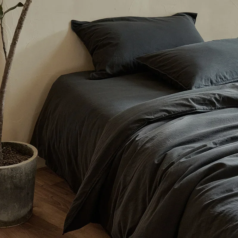 Japanese Minimalist Charcoal Black 100% Cotton 4PCS Bedding Set Enzyme Washed Dual Stitch Duvet Cover Bed Sheet Soft Breathable
