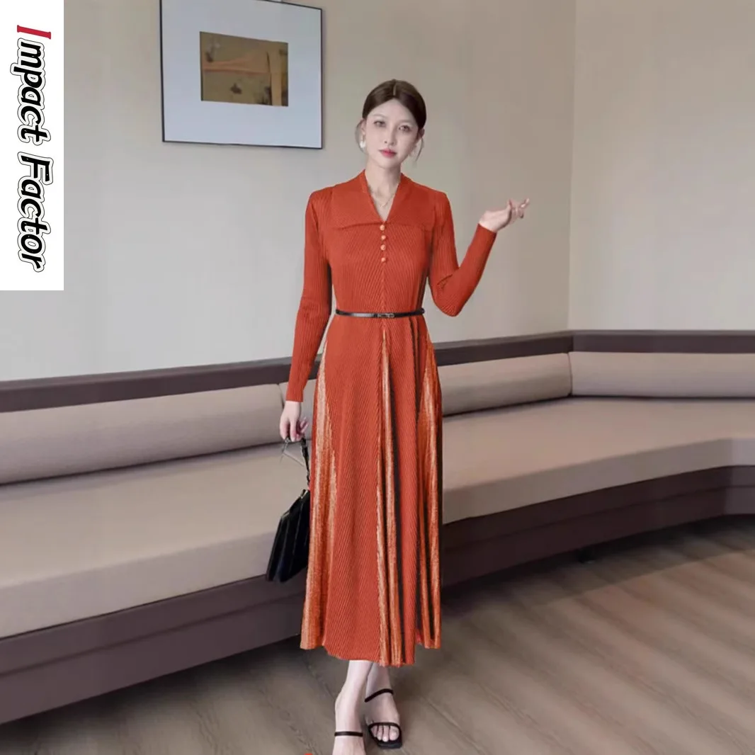 

Модное женское платье Miyake, новинка 2025, высококачественное темпераментное металлическое плиссированное свободное летнее платье трапециевидной формы