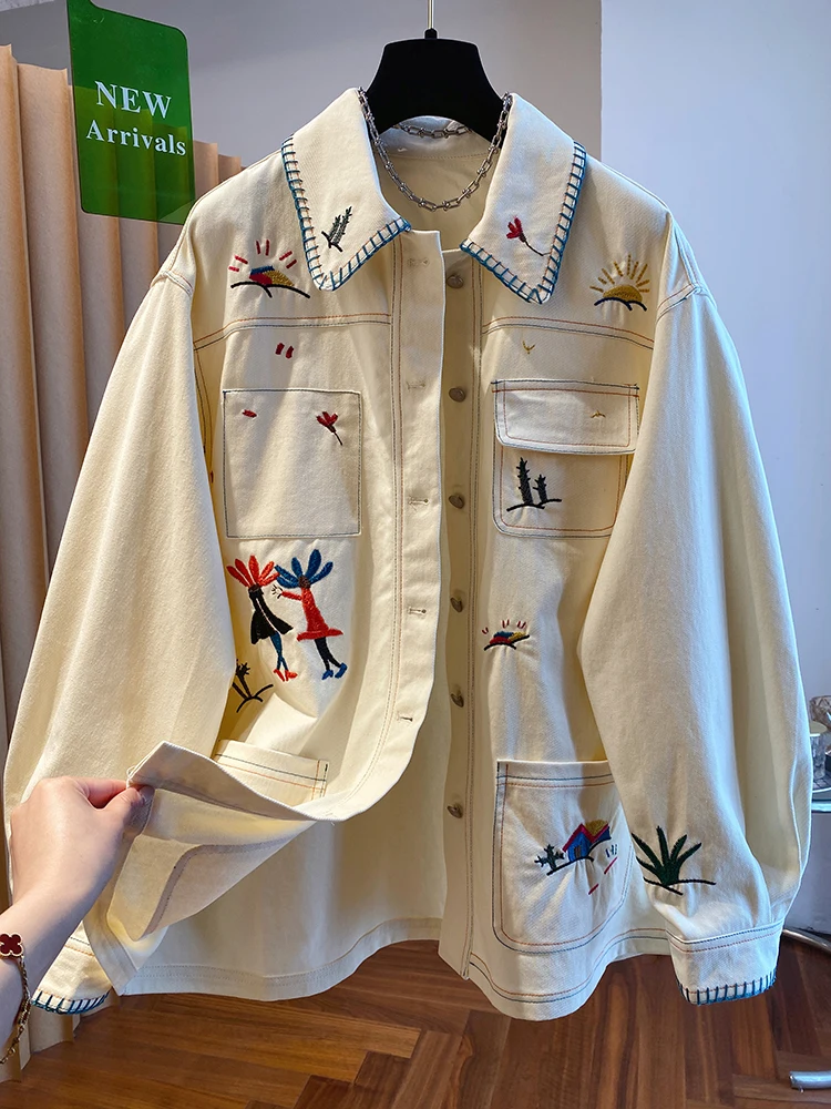 High-End Katoen Linnen Geborduurd Denim Jaet Dames Losse Sle Lente 2025, Nieuwe Collectie Casual Comfortabele Button-Up Top