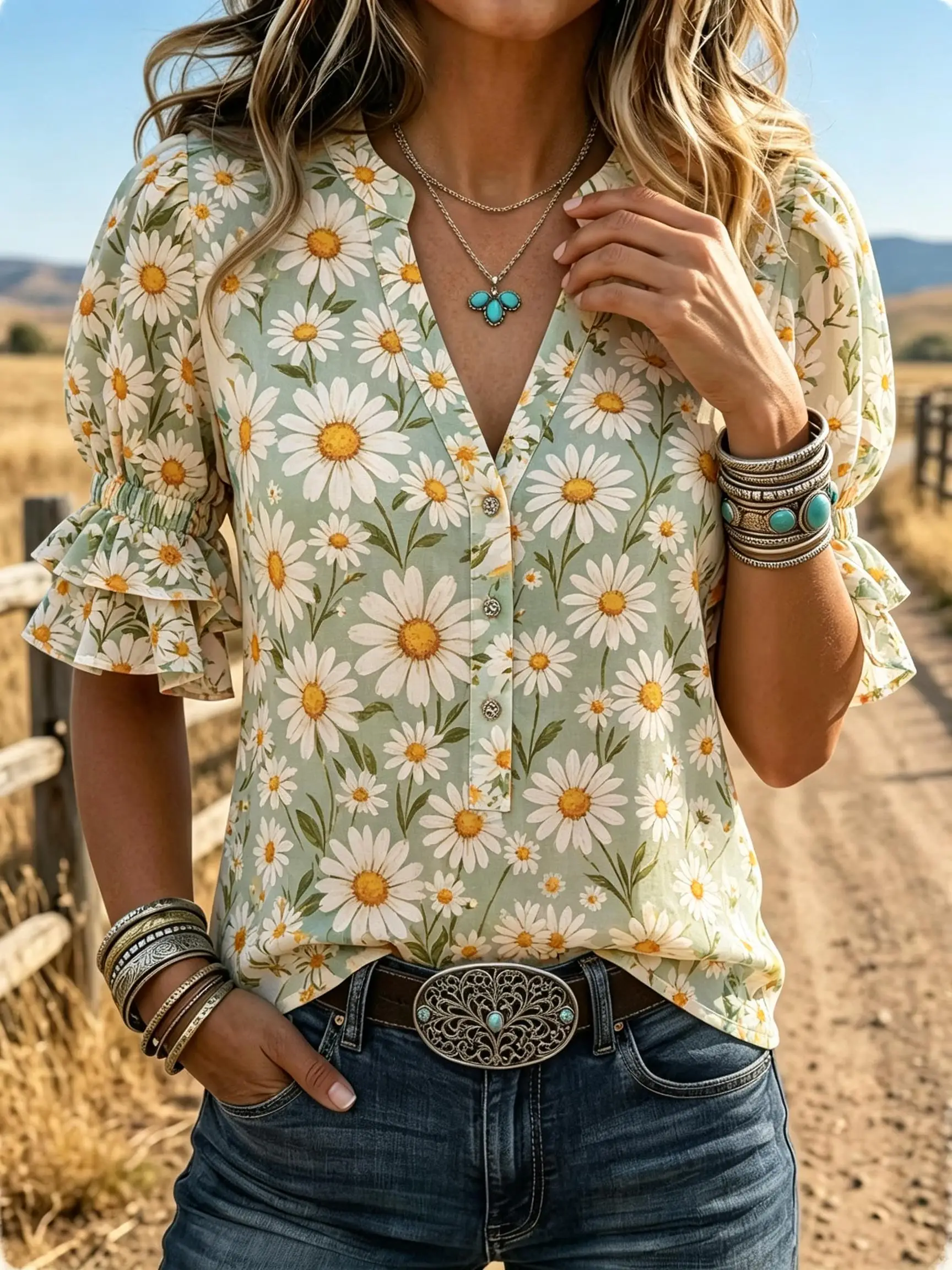 Daily Print Women Short Sleeve Blouse Fashion Distinctive Design Female Tops For Gathering Outing Leisure Wear