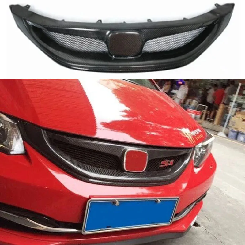 For 2014-2015 Honda Ninth Generation Civic Real Carbon Fiber Front Bumper Mesh Cover Front Grill Grille For Trims Without Emblem