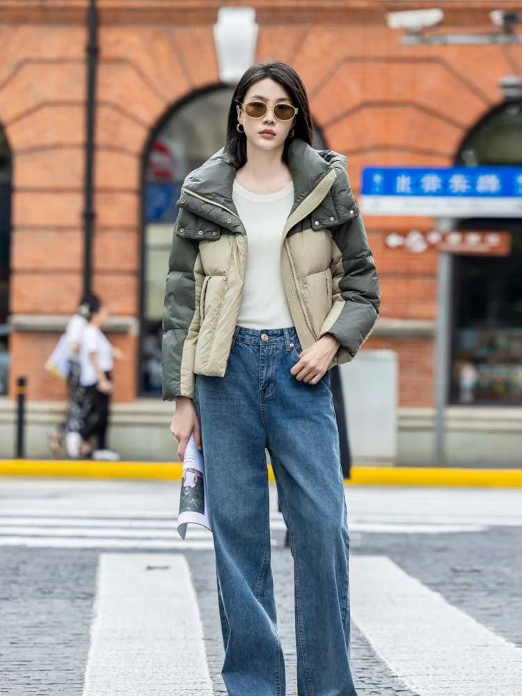 Fashion contrast color goose down jacket with hooded Women's 2025 Winter Warm Loose short puffer coat High quality INKEO DJ520