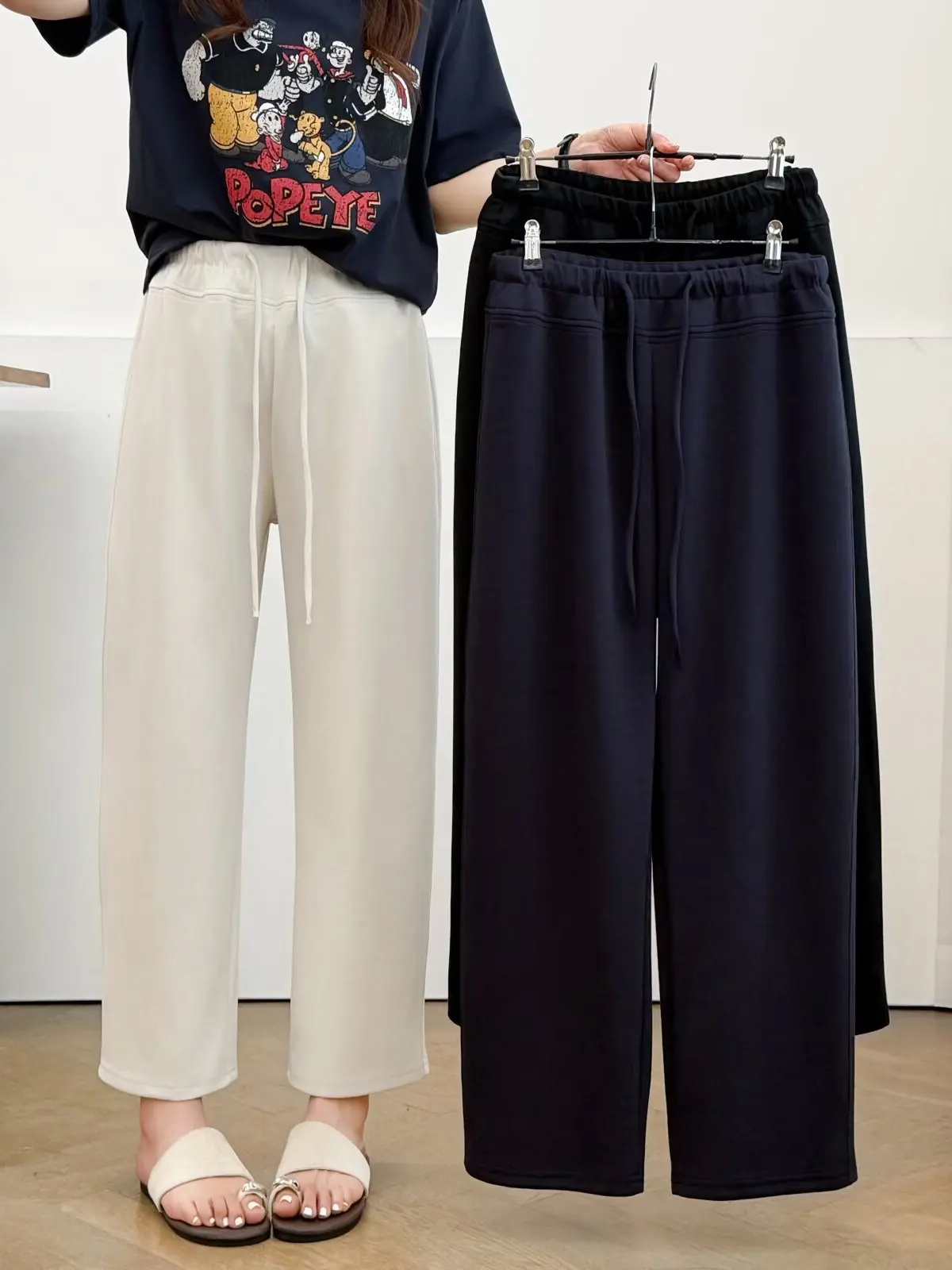 

High Waist Loose Straight Leg Casual Pants plus Size Summer Slimming Wide Leg Nine Point Drawstring Knife Trousers