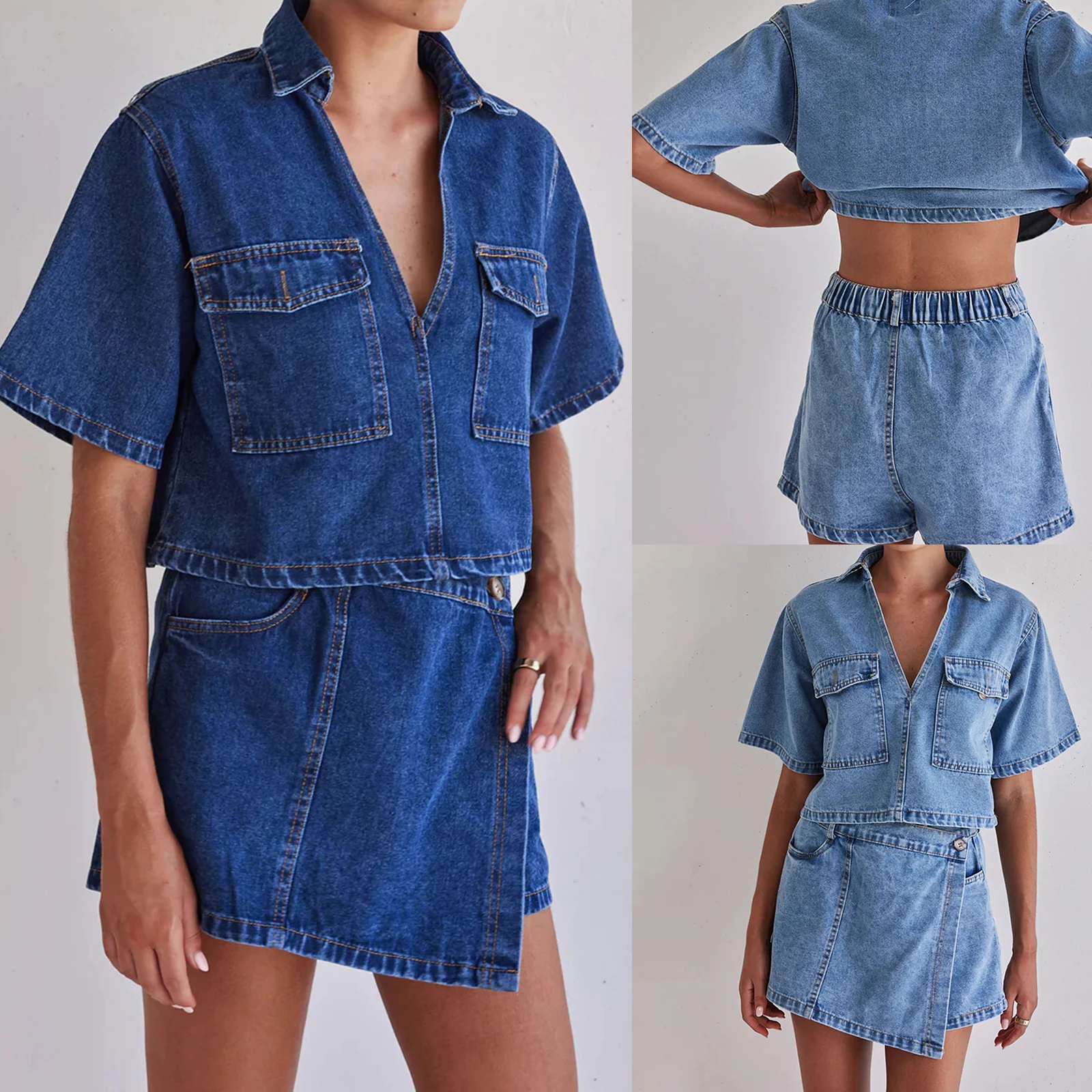 Combhasaki Women 2Piece Denim Outfits Set Short Sleeve Lapel V-Neck Pullover Crop Tops + Irregular Skirted Shorts with Pockets