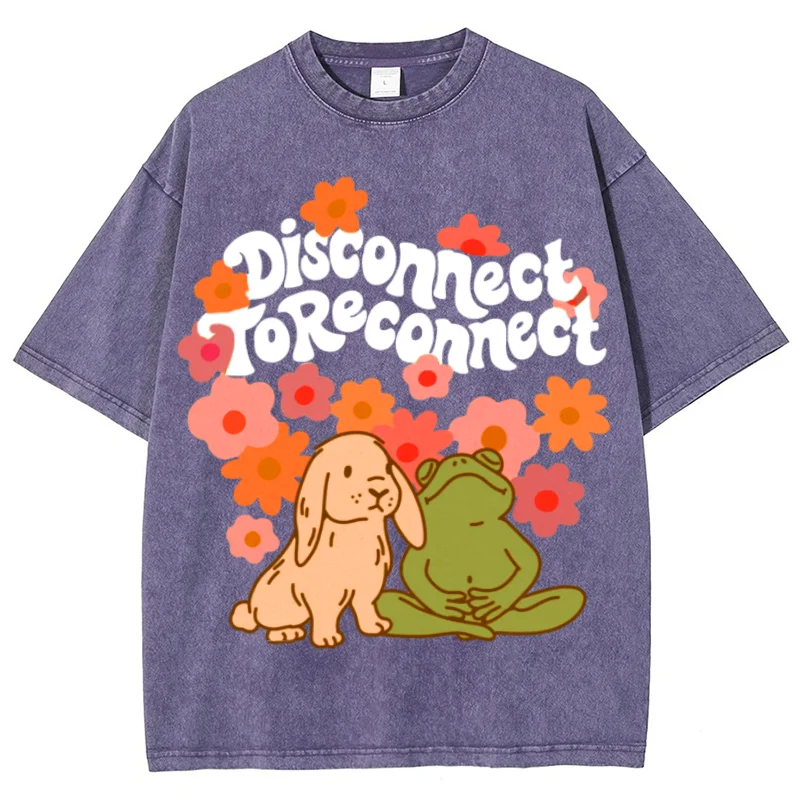 T-Shirt à Manches Courtes et Col Rond pour Femme, en Coton Délavé, Imprimé Lapin et Grenouille, Design à la Mode