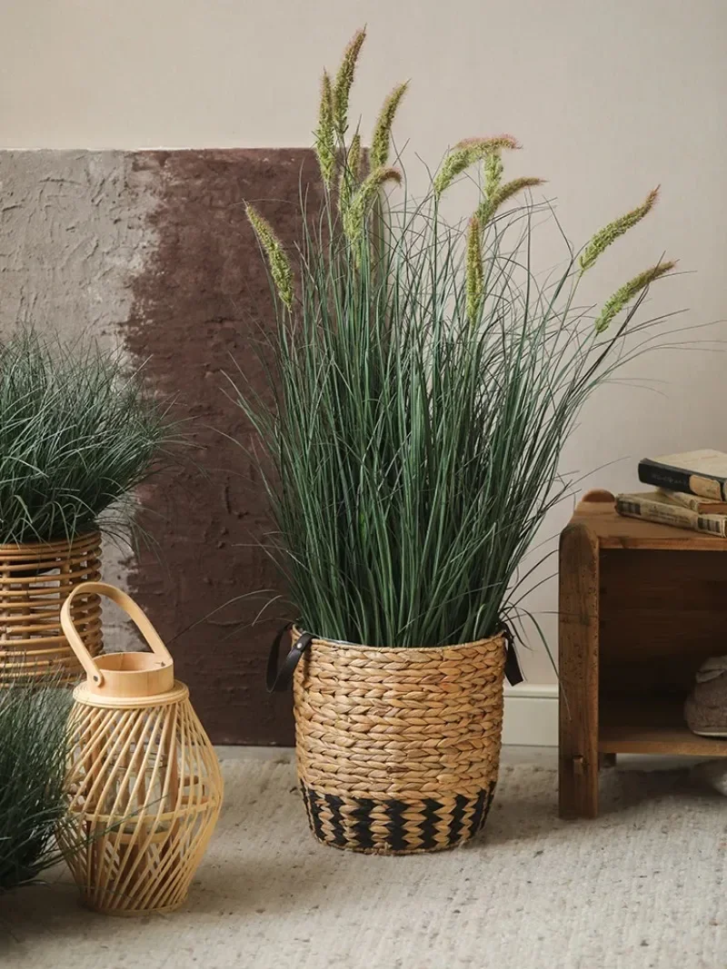 Retro Gourd Grass Woven Flower Basket Double Eared Seaweed Woven Living Room Decor Ornament for Green Plants