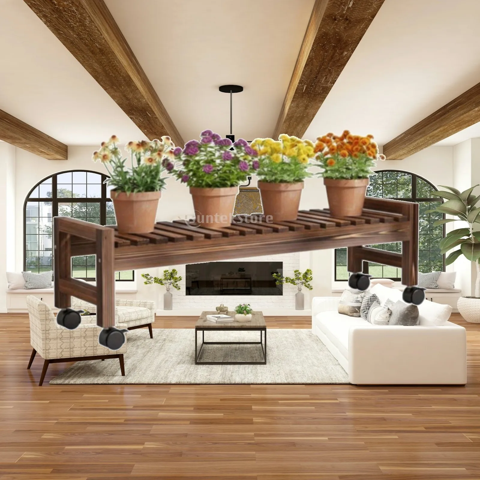 Eco Friendly Flower Rack Carbonized Pine Plant Holder Ready to Use Display Shelf with Wheels for Versatile Spaces
