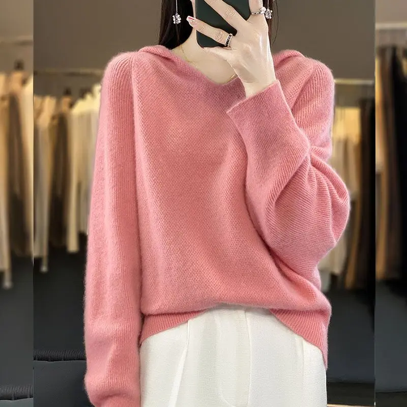 سترة بقلنسوة امرأة الخريف الشتاء كم طويل الكورية فضفاض البلوز قميص الصلبة عادية الأساسية البلوفرات الكورية متماسكة القمم البلوز