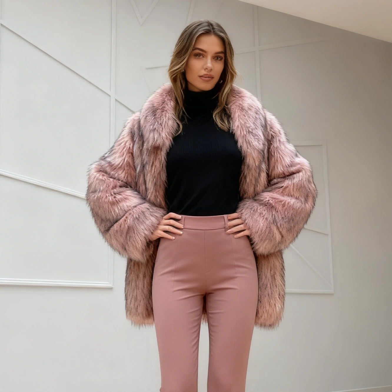 معاطف من الفرو الصناعي الوردي سترات نسائية متوسطة الطول معطف سميك دافئ ملابس الشارع سترات عمل ملابس خارجية غرزة مفتوحة للخريف والشتاء #2