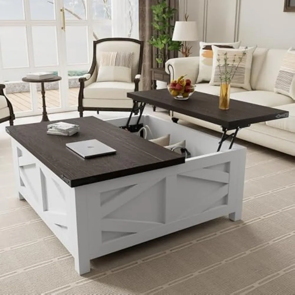 

Farmhouse Lift Top Coffee Table, 35.5" Large Square Coffee Table with Flip-Up Hidden Storage Compartment, White Center Table wit
