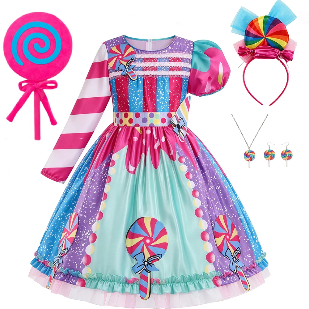 2026 Kinder Purim Verkleidung Regenbogen-Süßigkeitenkleid mit Stirnband Lollipop Cosplay Kostüm Kinderkleid Geburtstag Karneval Party Geschenk – Detail 8